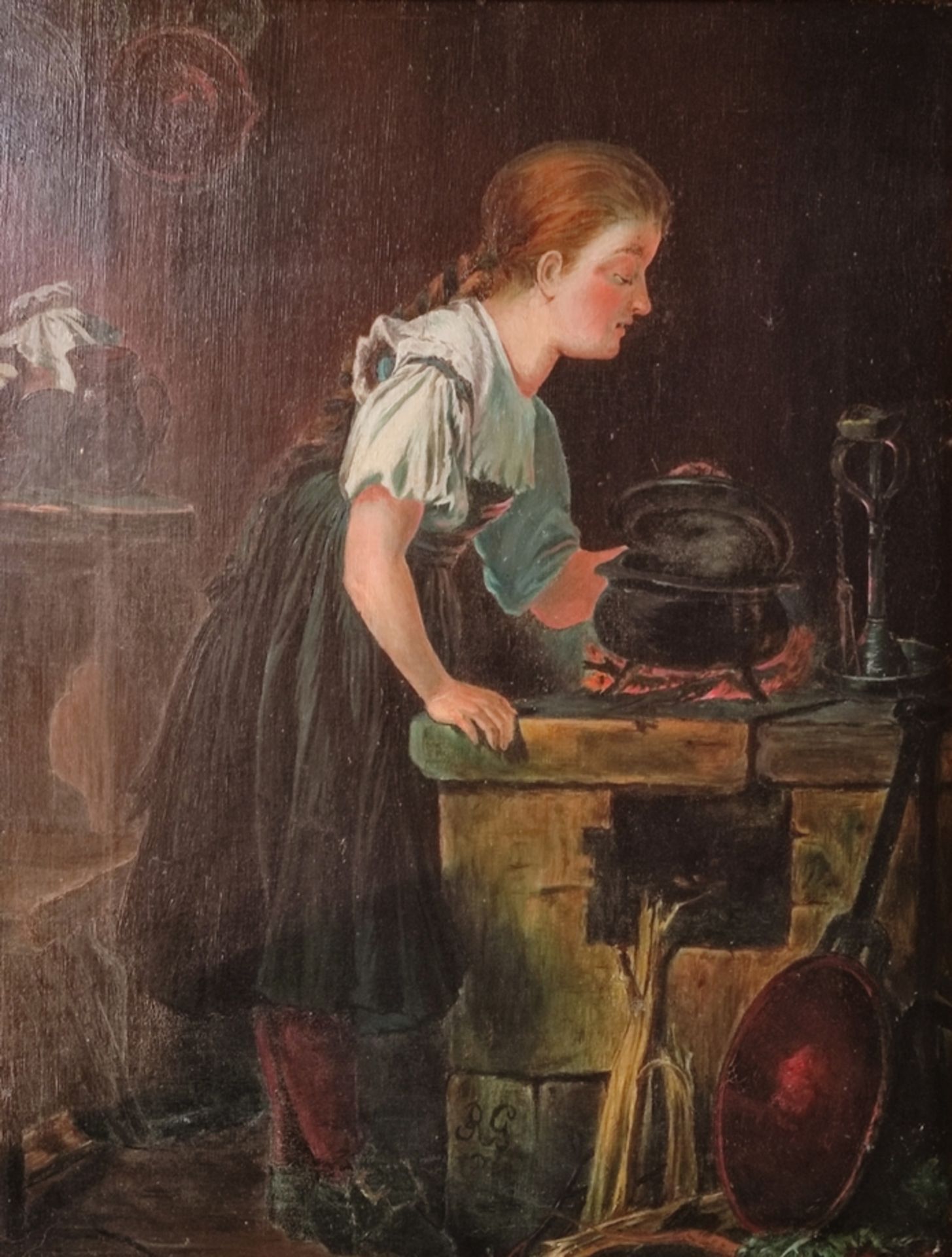Monogramist (19th century) "At the stove", young woman looking into a pot, oil on canvas, monogramm