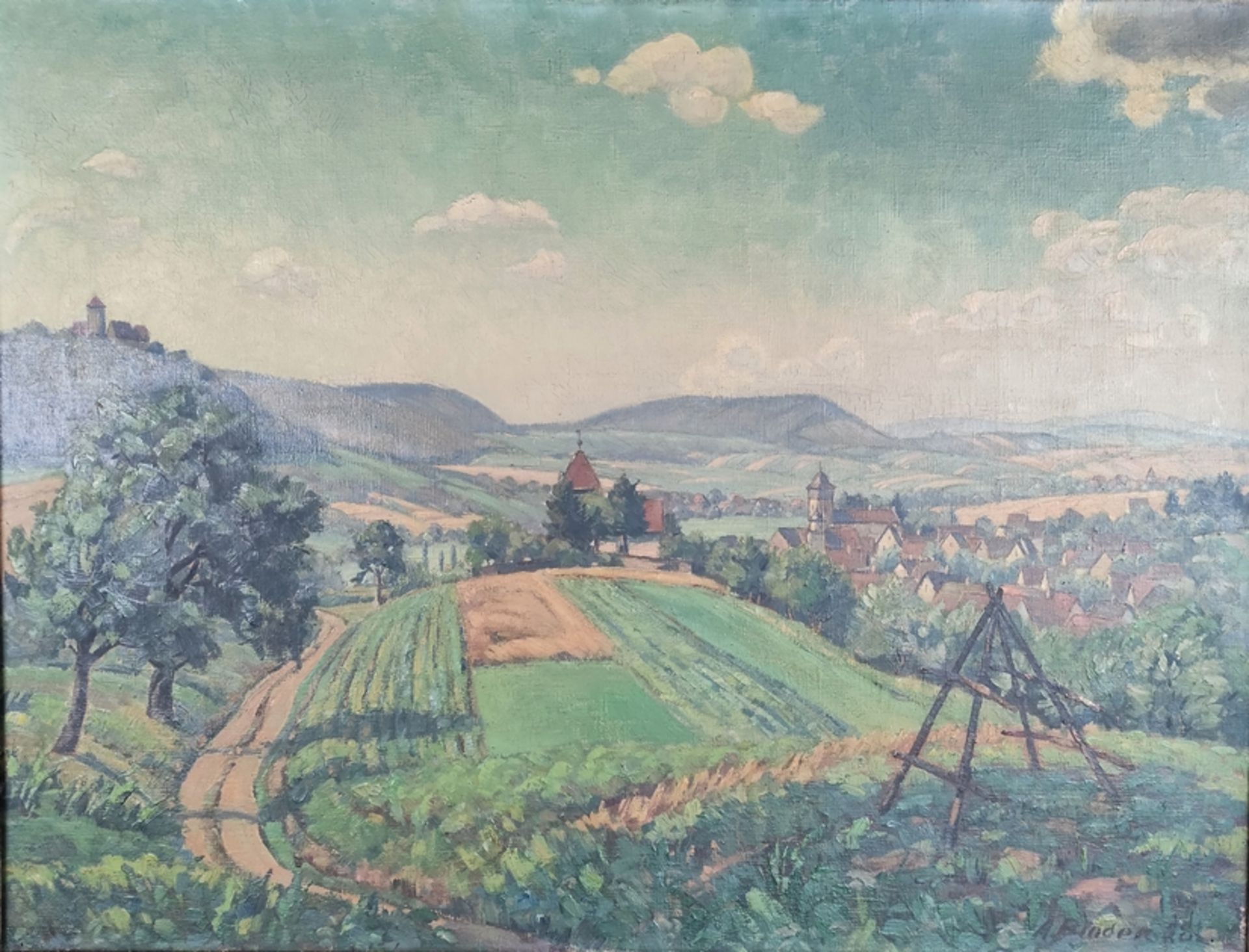 Binder, Alfred (1895 Stuttgart - 1950 Bad Cannstadt) "Schwäbische Landschaft", Öl auf Leinwand, rec