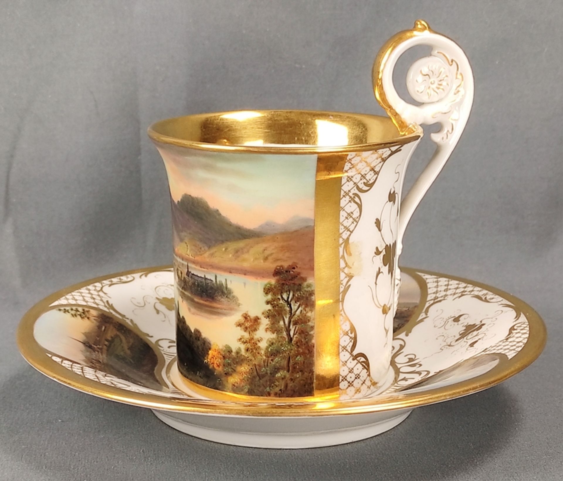 Cup with saucer, KPM Berlin, elaborately finely painted with various views of the Rhine and the sur