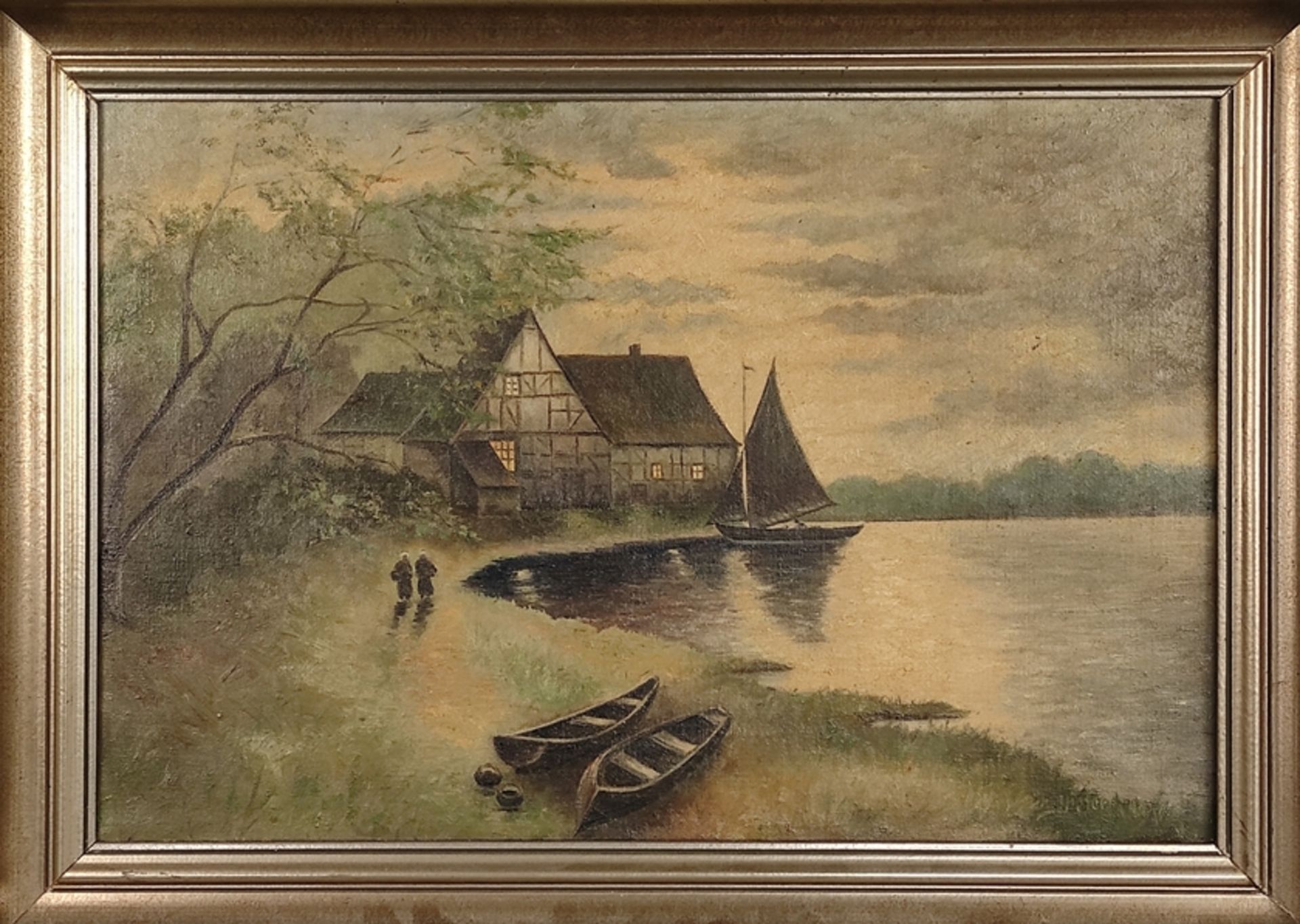Dieter, H. (20. Jahrhundert) "Bauernhaus am See", mit zwei Ruderbooten, Öl auf Leinwand, rechts unt - Bild 2 aus 4