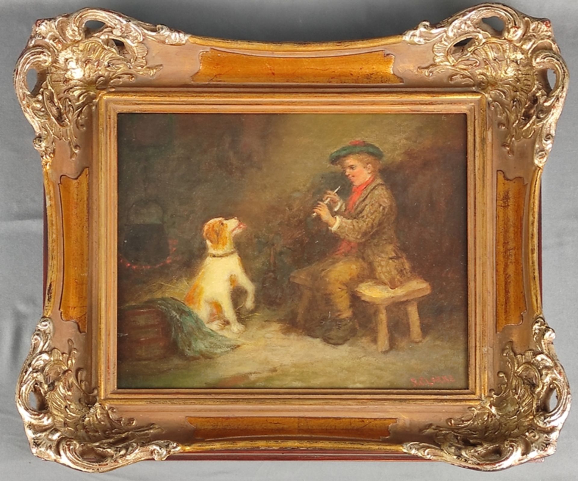 Clarke, S. (19th century, England) "Playing music", little boy playing flute to a dog, oil on canva - Image 2 of 4