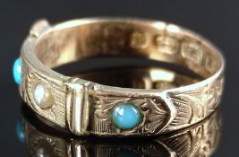 Antiker Ring in Gürtelform, besetzt mit einer Microperle und zwei kleinen Türkisen, Birmingham, Que