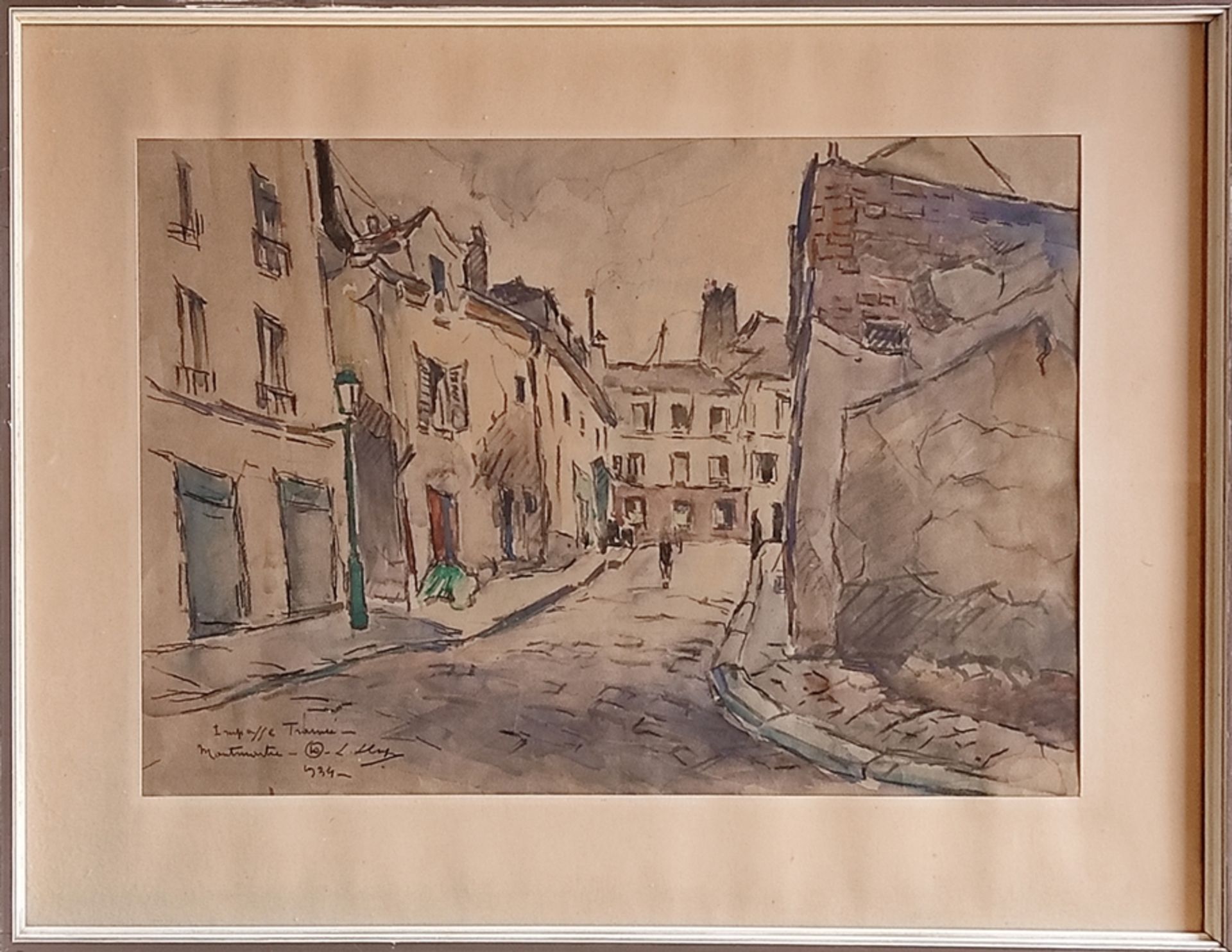 Vedutenmaler (20. Jahrhundert) "Impasse Trainée, Montmartre" stimmungsvolle Straßenszene, Aquarell  - Bild 2 aus 4