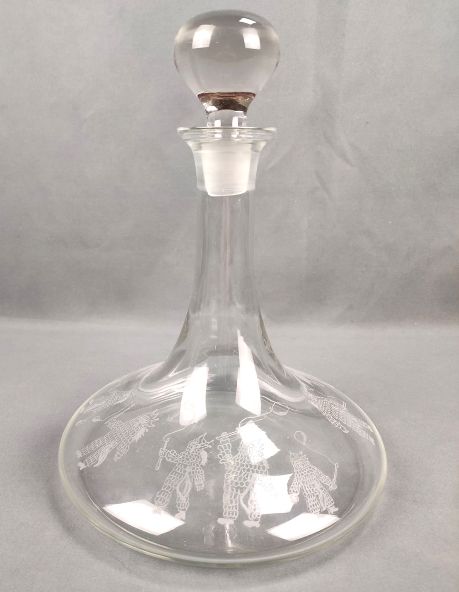 Wine decanter with stopper, colorless glass, circumferential "Blätzlebueben" decor, height with sto