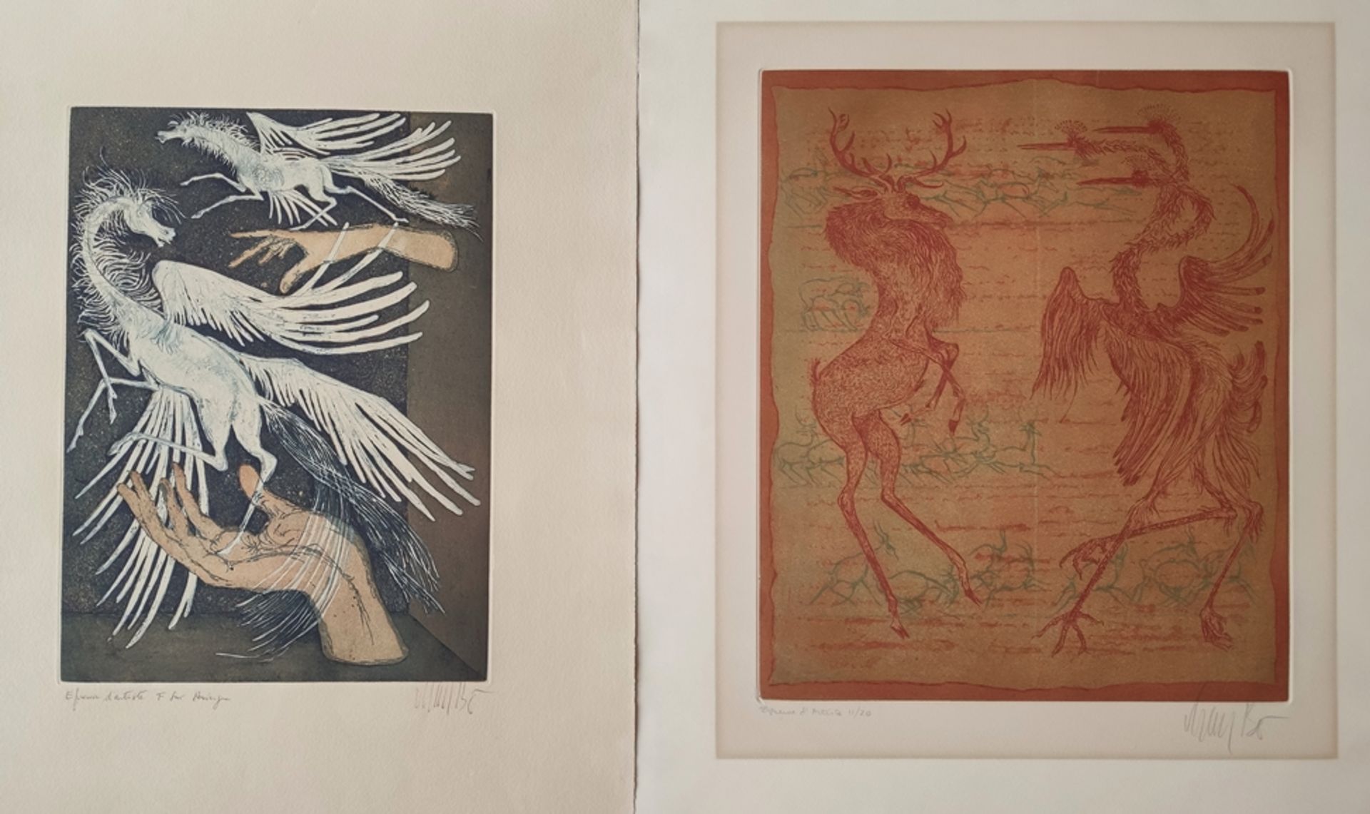 Bo, Lars (1924 Kolding -1999 Paris) Two etchings in aquatinte, "Stag and Three-headed Crane", signe