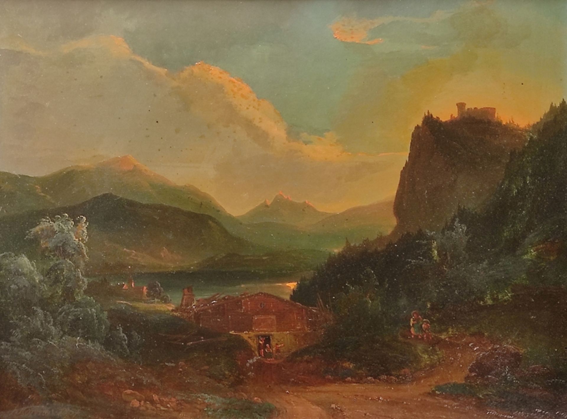 Landscape painter (19th century) "Sunset", with view of waters, wooden houses, on the right mountai