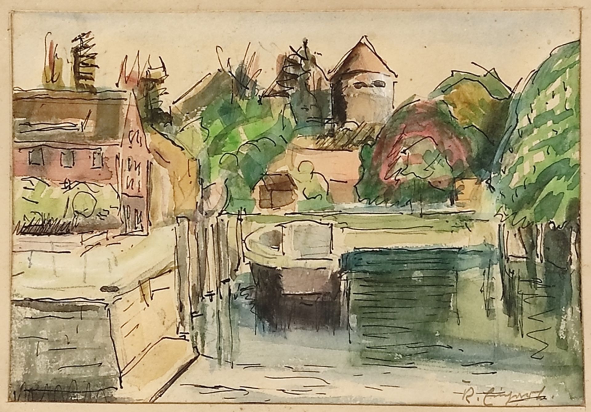 Einhart, Karl (1884-1967 Constance) "Small harbor in Überlingen", watercolor drawing on paper, sign