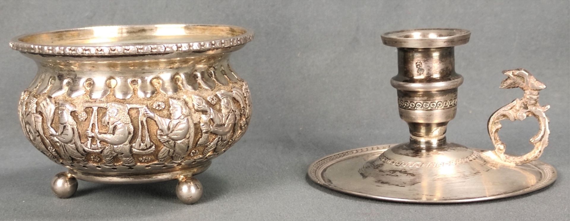 Zwei Silber-Objekte, bestehend aus einem Darmol Leuchter, Silber 800, Ägypten, 68g, Höhe 5,5 cm und