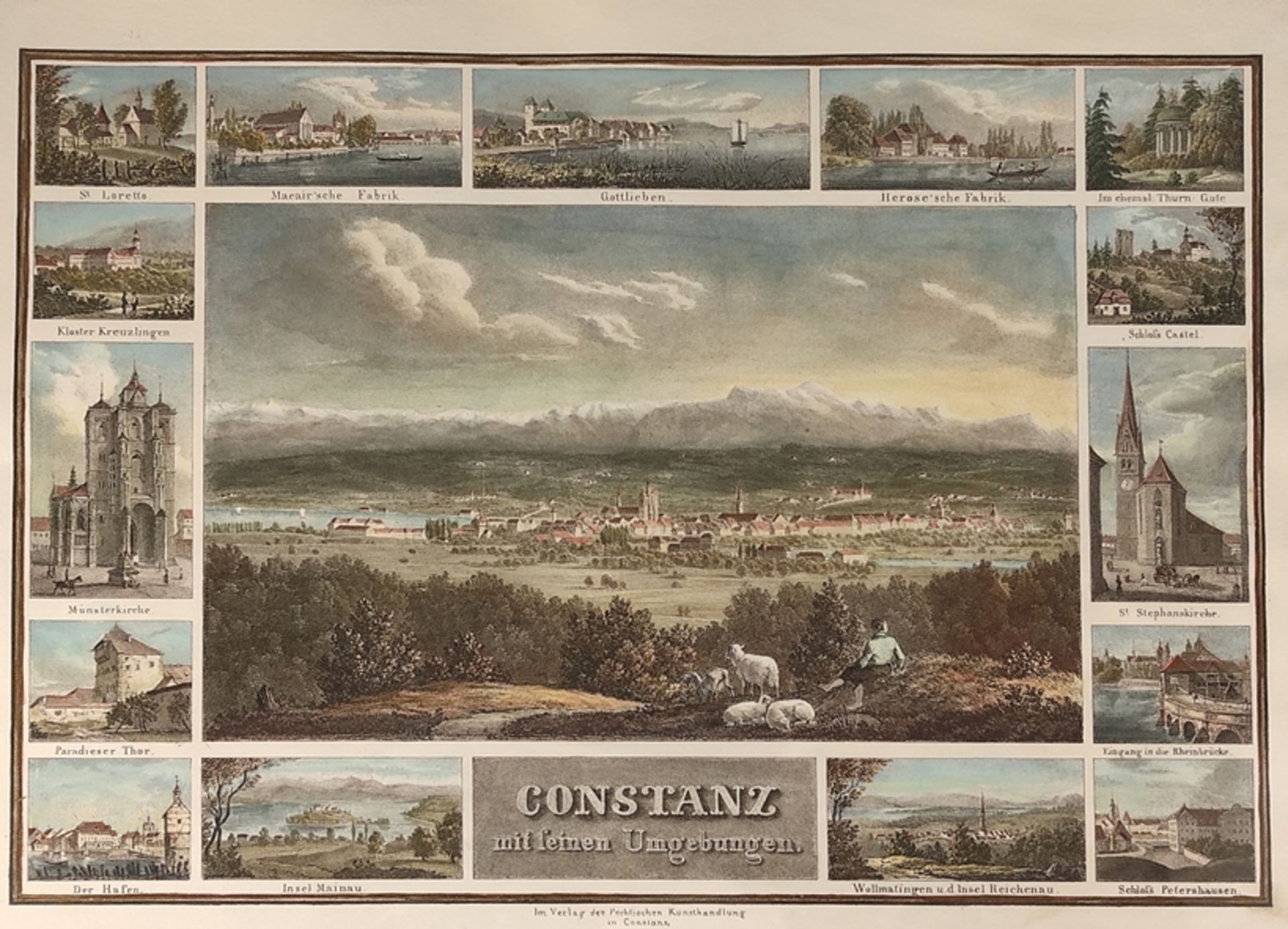 Souvenirblatt (19. Jahrhundert) "Konstanz" mit 15 kleinen Ansichten von Konstanz und Umgebung, (St.