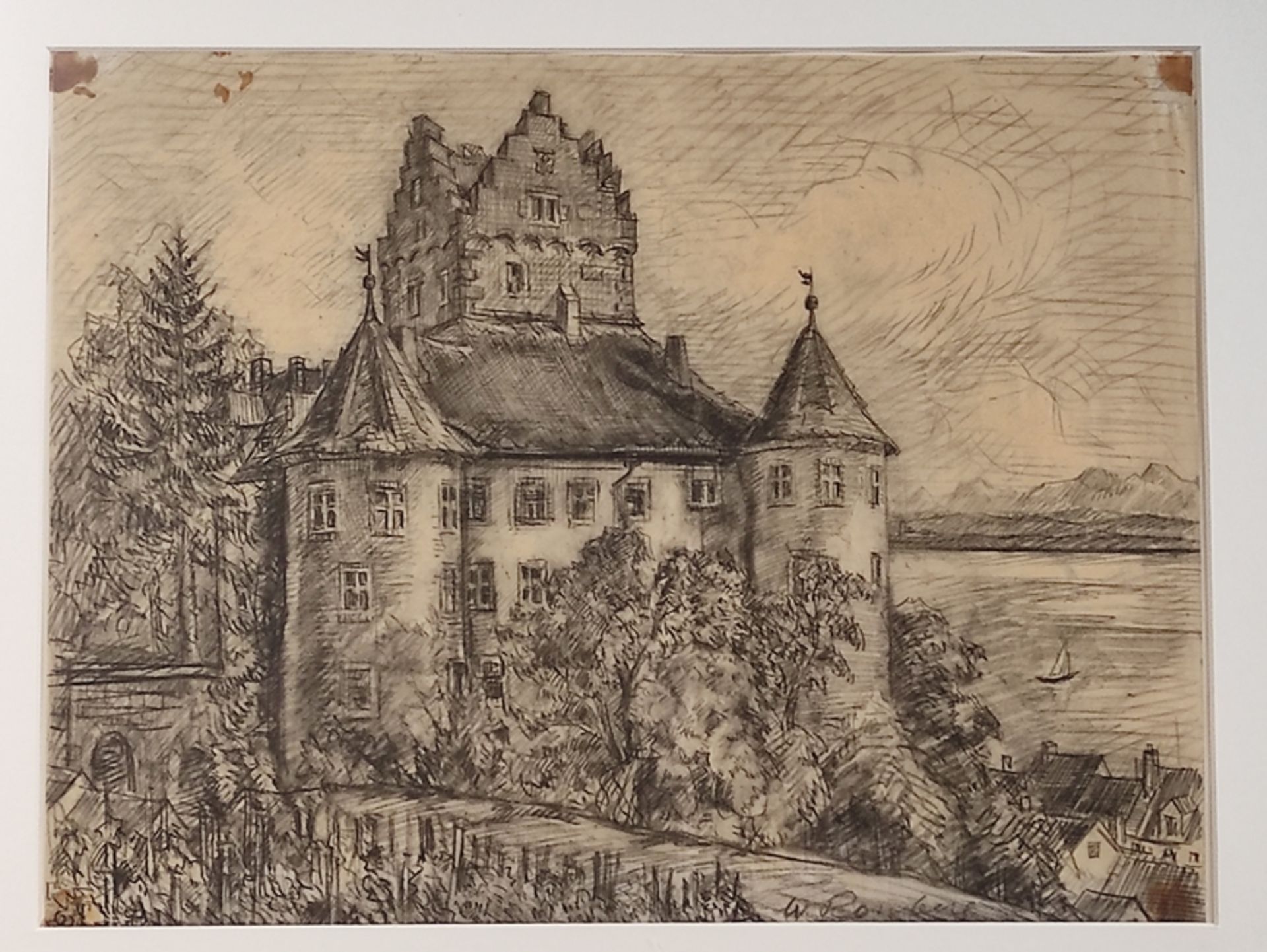 Romberg, Walter (1898 Ulm - 1973 Stuttgart) "Meersburg", Blick auf die Burg mit Bodensee und Bergpa