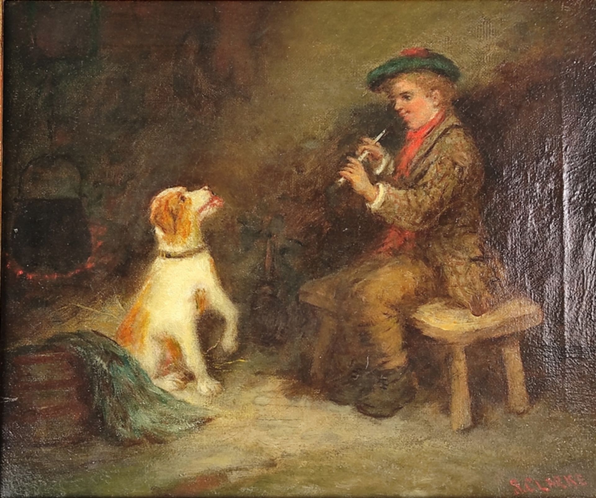 Clarke, S. (19. Jahrhundert, England) "Beim Musizieren", kleiner Junge, der einem Hund Flöte vorspi