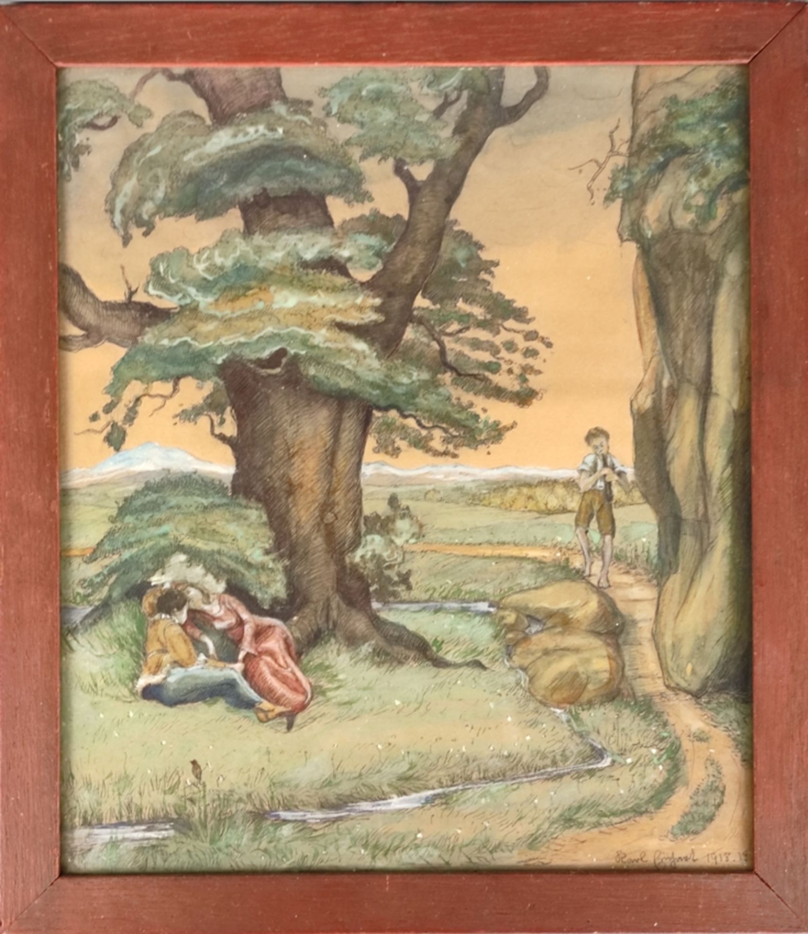 Einhart, Karl (1884-1967 Constance) "Flute player with lovers", lying under oak tree on meadow, wat - Image 2 of 3