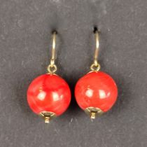 Designer coral gold earrings, 585/14K yellow gold, total weight 6.66g, handmade with French ear hoo