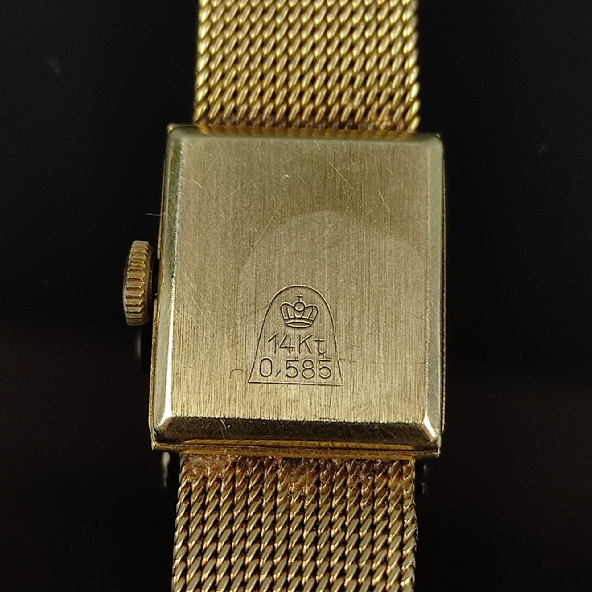 Armbanduhr, Page, 585/14K Gelbgold, Gesamtgewicht 26,5g, rechteckiges Ziffernblatt mit Indizes, Maß - Bild 3 aus 5