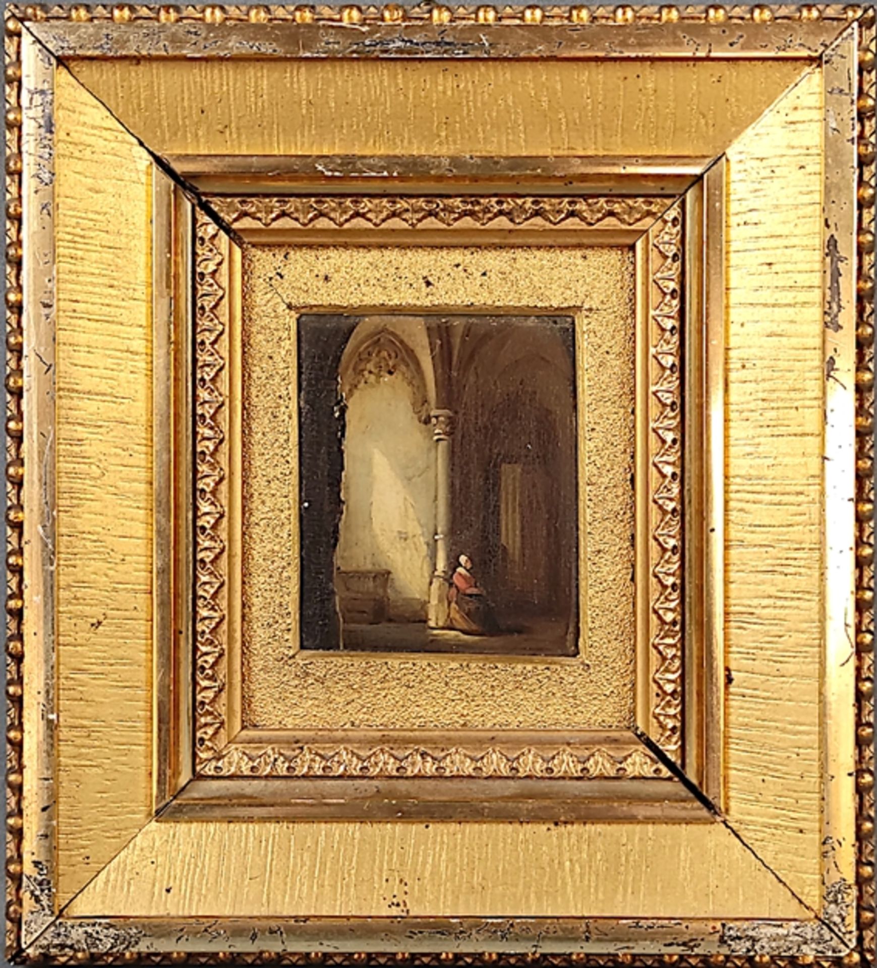 Miniaturmalerei (19. Jahrhundert) "Sitzende Frau" in Kirche, Öl auf Holz, links monogrammiert, im S - Bild 2 aus 3