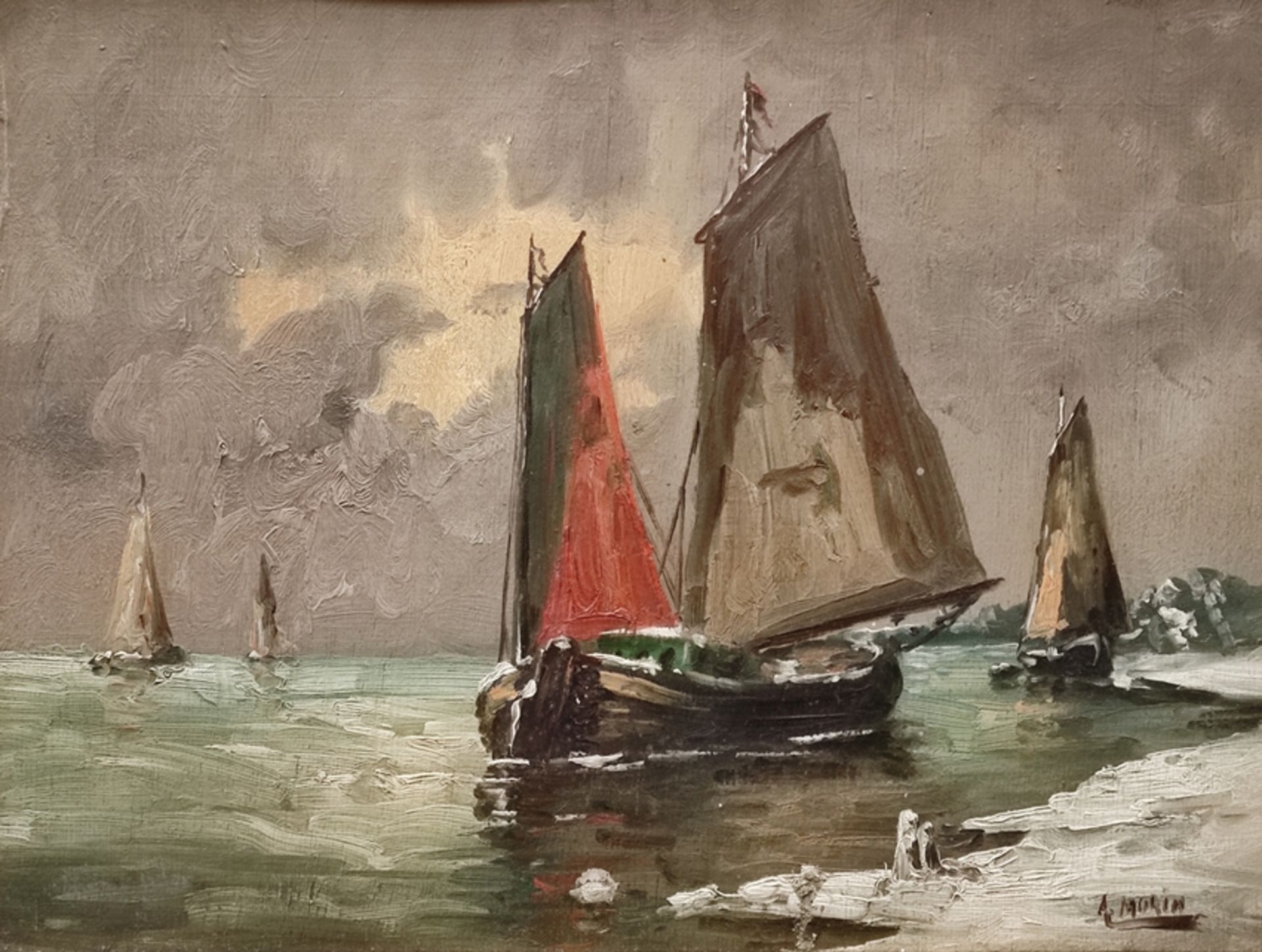 Morin, A. (19th century) "Sailing ships", near the snowy shore, oil on panel, signed lower right, 3