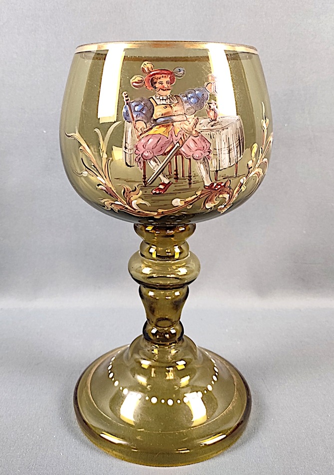 Goblet, dark green glass, colorfully painted with drinking soldier, historicism, end of 19th centur