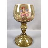 Pokal, dunkelgrünes Glas, farbig bemalt mit trinkendem Soldaten, Historismus, Ende 19. Jahrhundert,