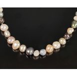 Biwa-Perlenkette, Silber 835, 37g, Kette aus multicoloren Biwa-Perlen an satinierter Silberstecksch