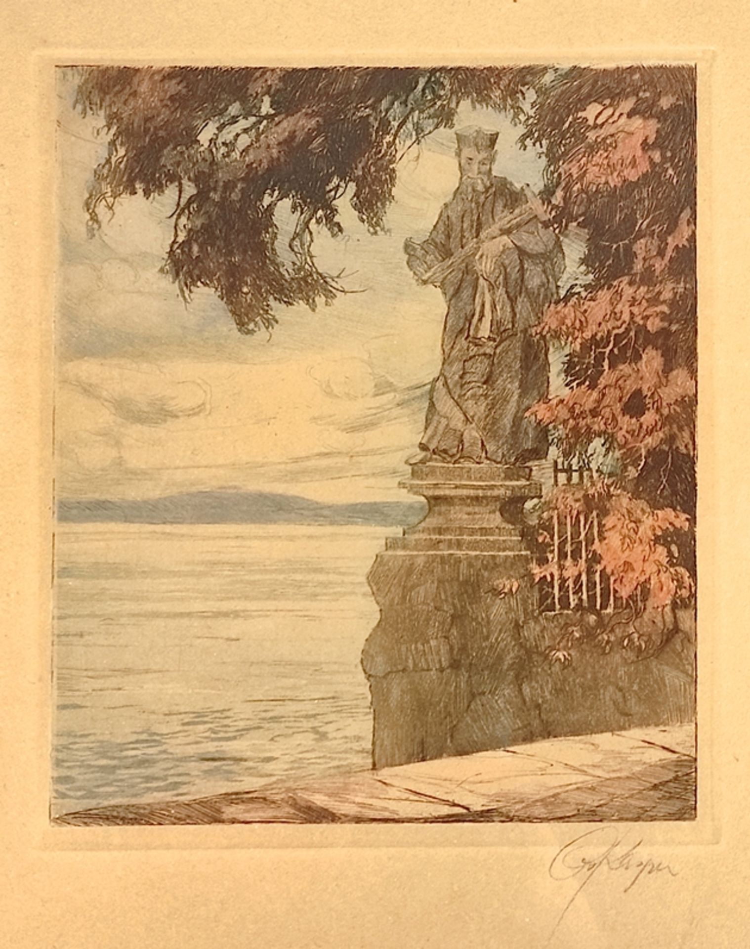 Kasper, Oskar (1876 Berlin - ?) "Nepomuk-Statue" in Meersburg, Farbradierung, rechts unten signiert