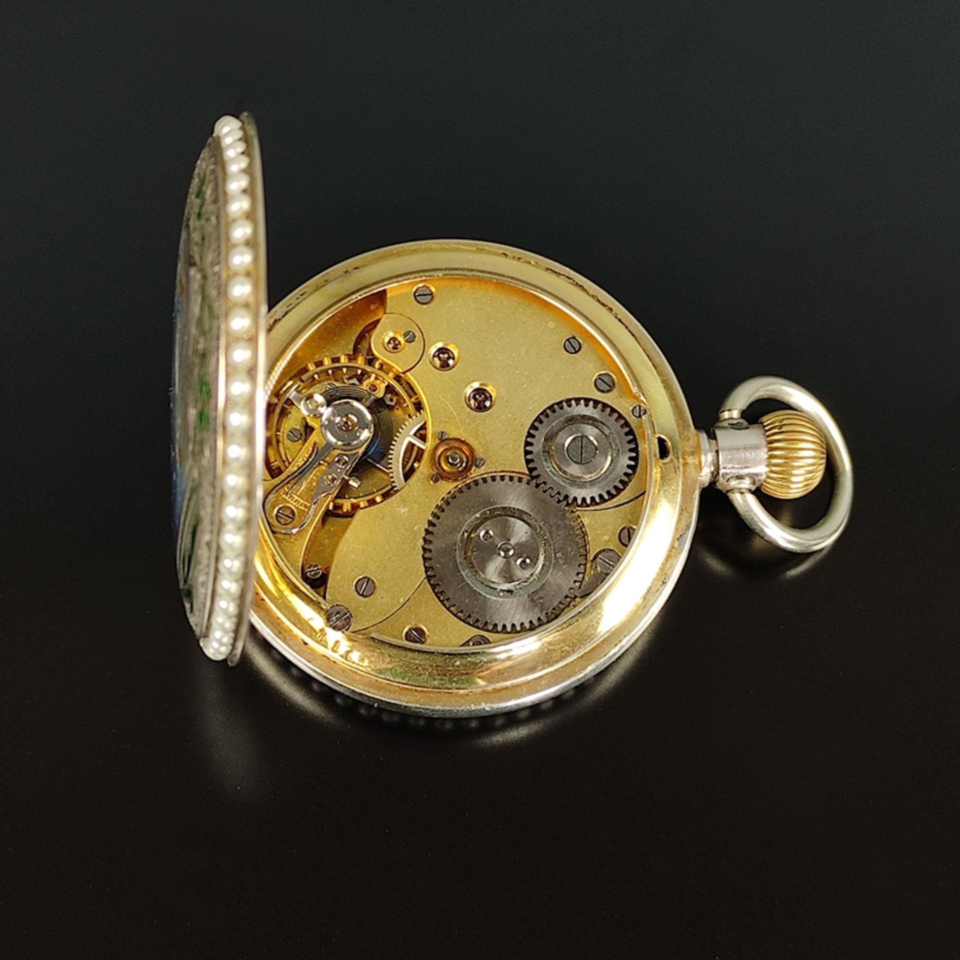 Außergewöhnliche Taschenuhr, Sterlingsilber, Vorder- und Rückseite aufwendig dekoriert mit Emaille- - Bild 3 aus 6