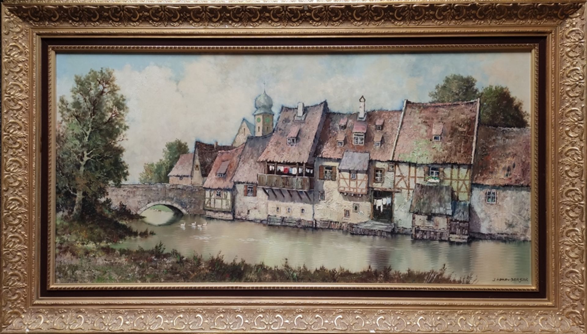 Hohenberger, J. (1911-?) "Dorfansicht am Fluss" mit mittelalterlicher Brücke, Öl auf Leinwand, rech - Bild 2 aus 4