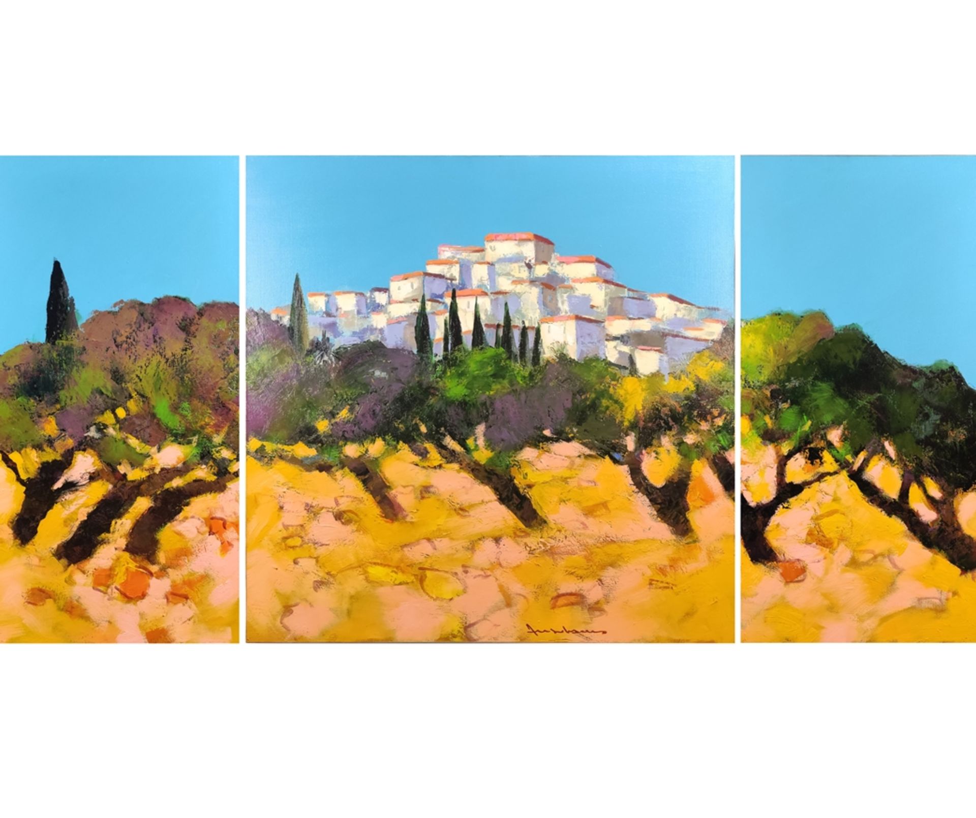 Allenbach, Jean Claude (1947 Colmar - 2007) "Village en Toscane", toskanische Landschaft als Tripty