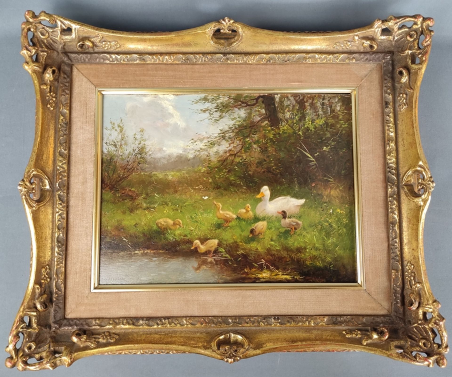 Artz, Constant (1870 Paris -1951 Soest) "Duck Family on the Riverbank", proud mother duck with her  - Image 2 of 4