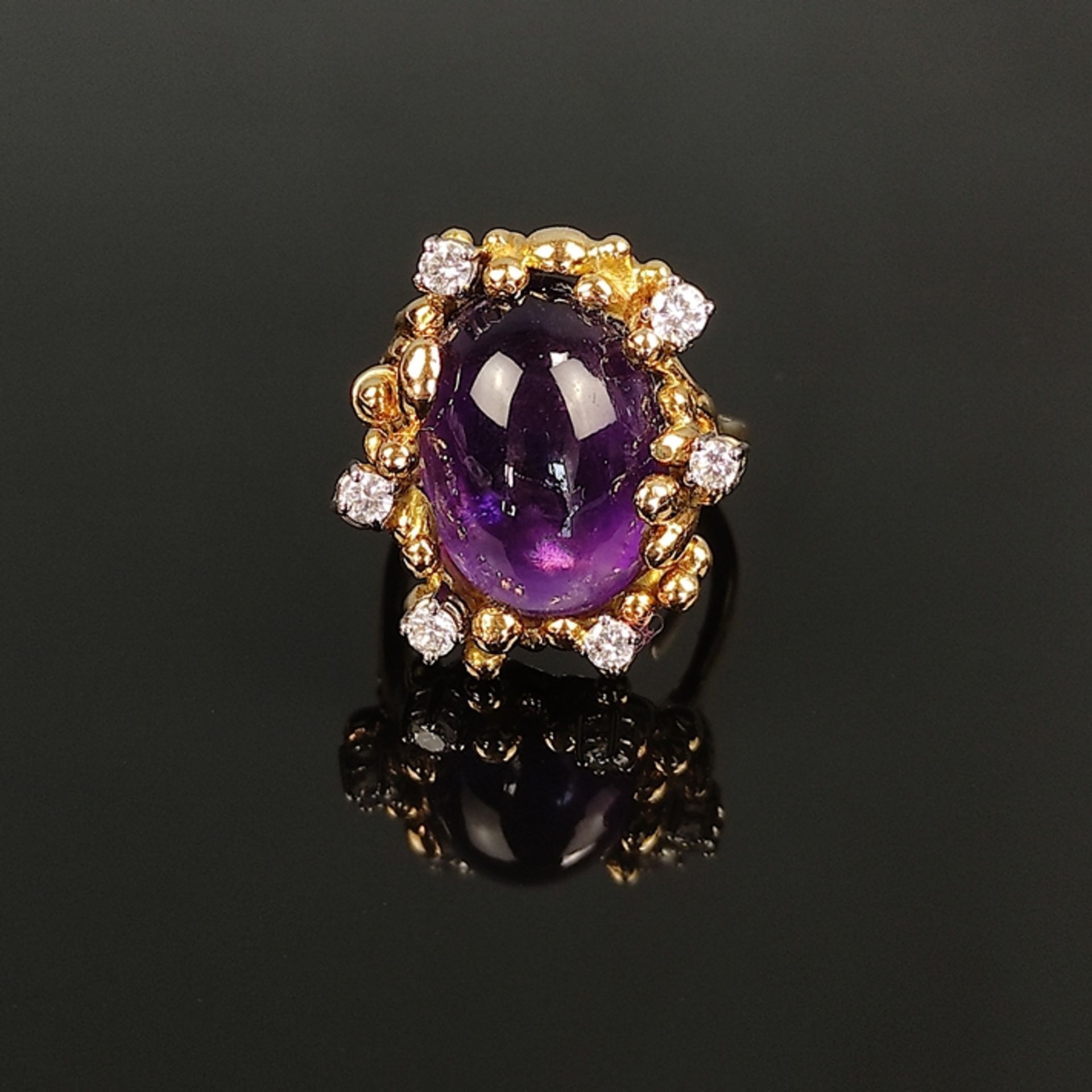 Design Amethyst-Brillant-Ring, Gloor, 750/18K Gelbgold, Gesamtgewicht 14,5g, mittig großer ovaler A - Bild 2 aus 2