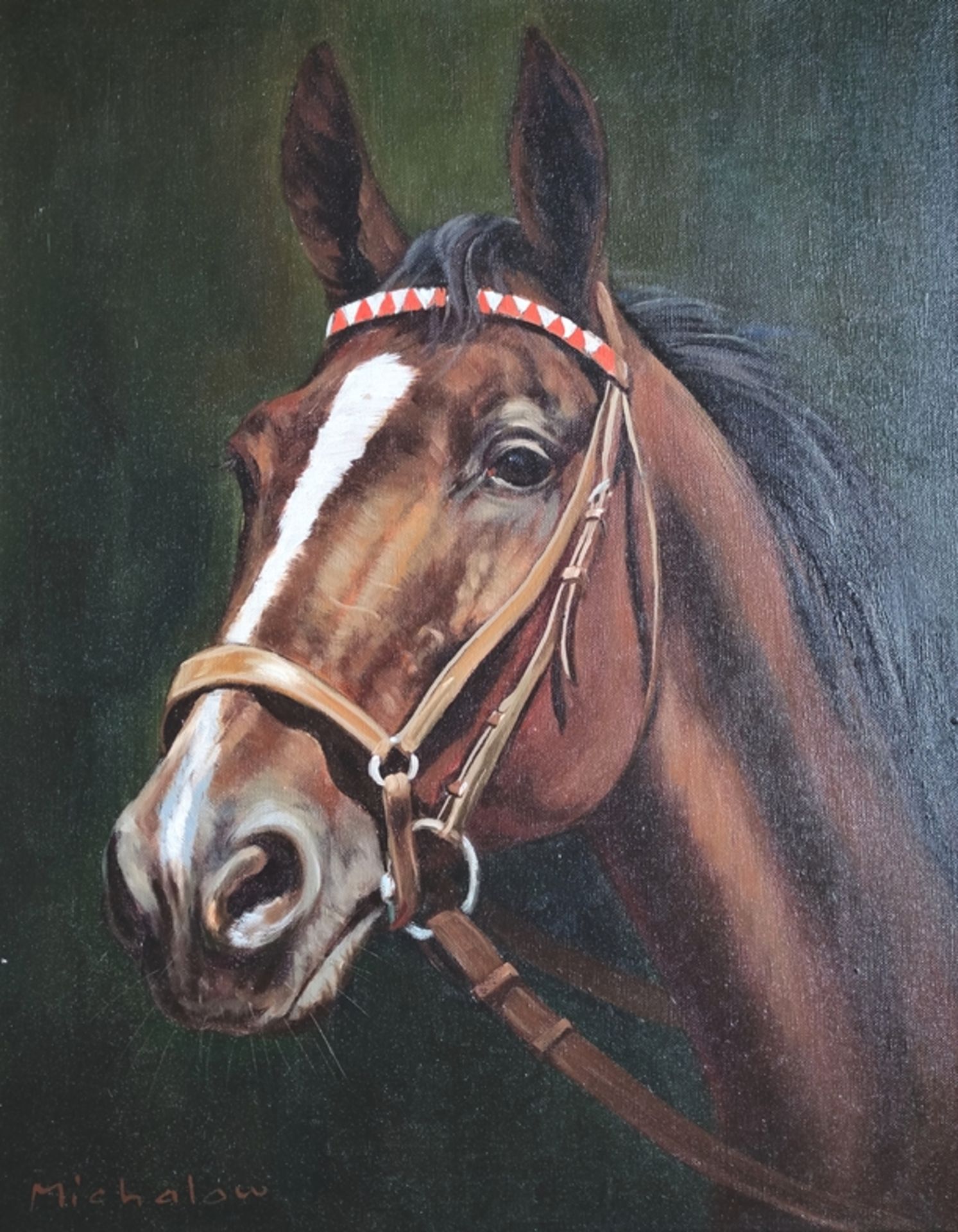 Michalow (horse painter, 20th century) "Head of a horse", with white blaze and bridle, signed lower