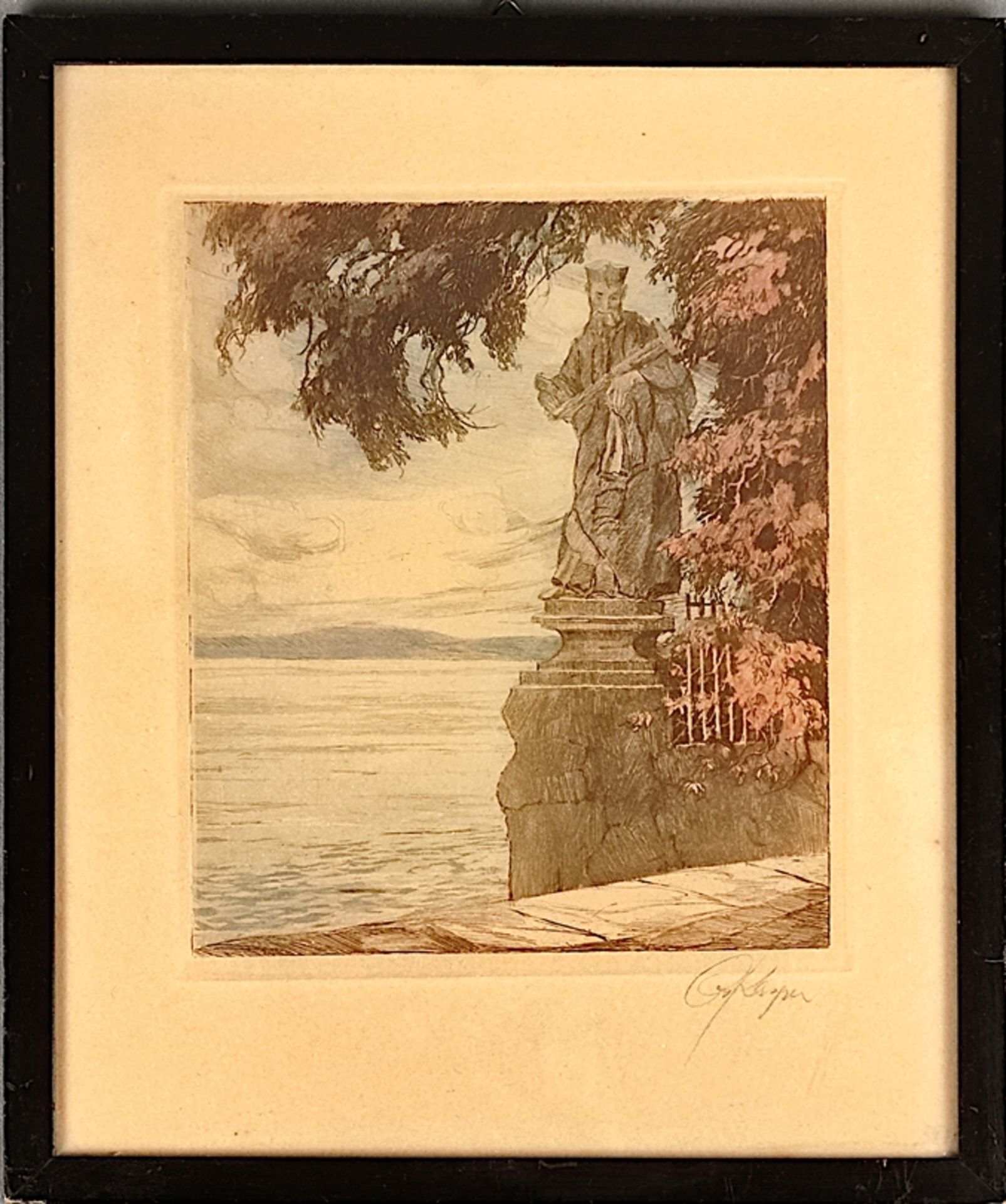 Kasper, Oskar (1876 Berlin - ?) "Nepomuk-Statue" in Meersburg, Farbradierung, rechts unten signiert - Bild 2 aus 4