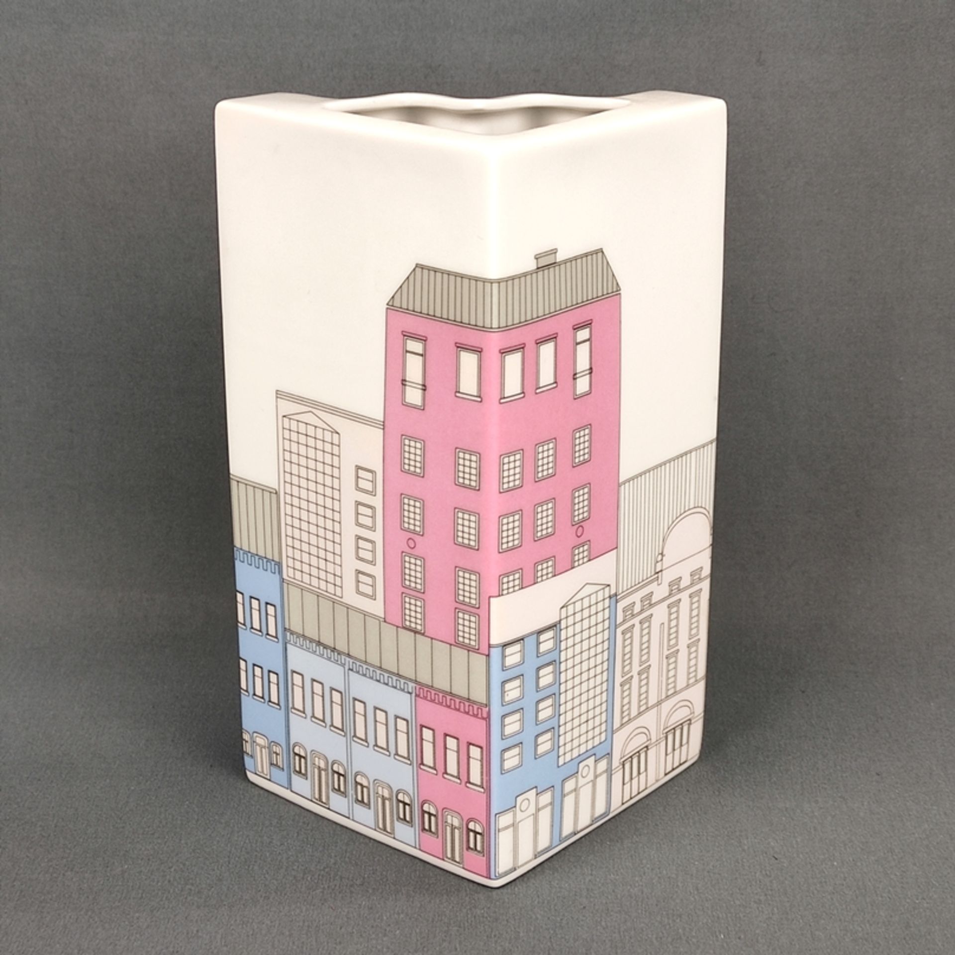 Design vase, Thomas, triangular ground plan, worked stepped to the front, polychrome decorated with - Image 2 of 4