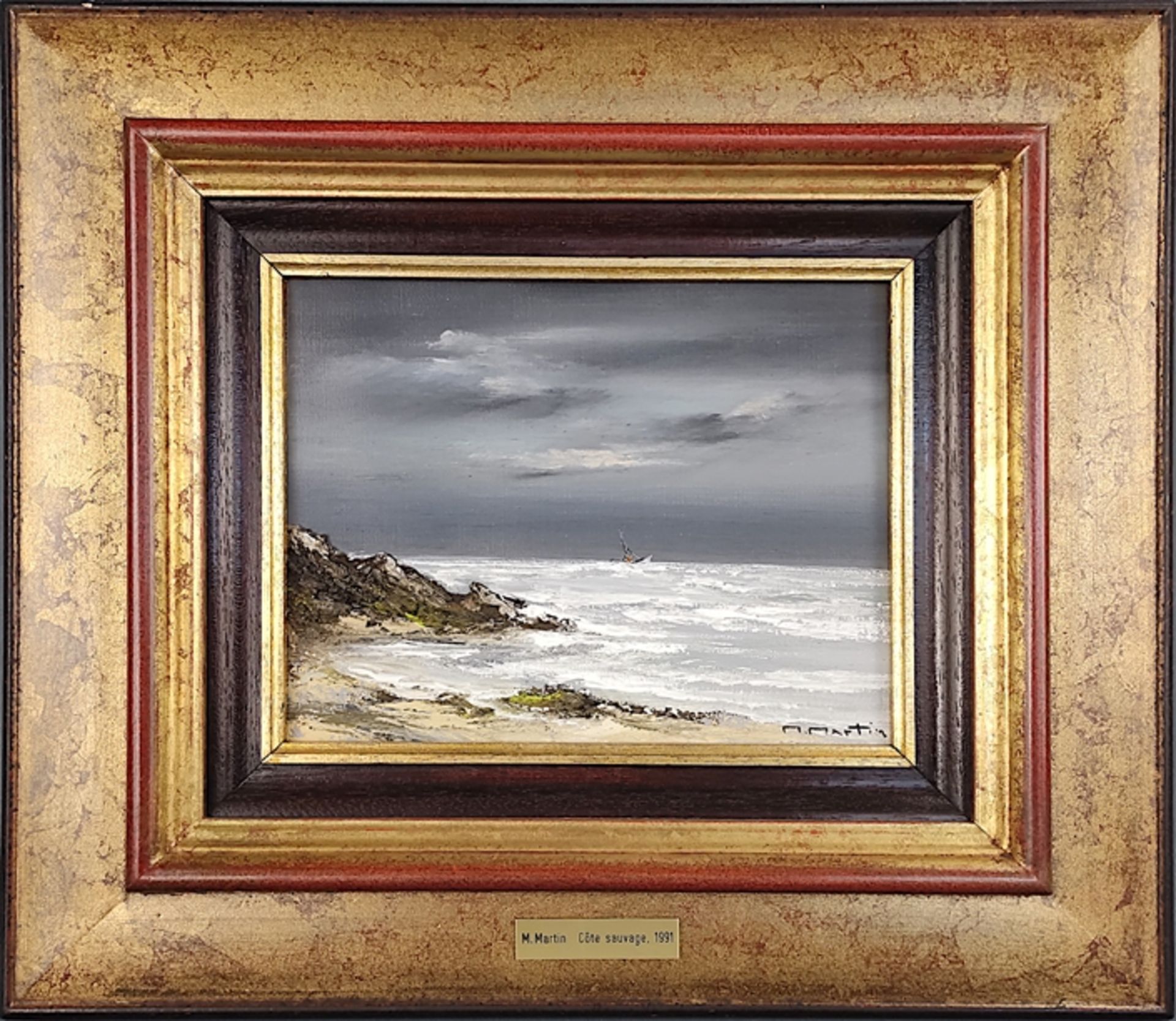 Martin, M. (20. Jahrhundert) "Côte Sauvage", aufgewühltes Meer bei Gewitterstimmung, Öl auf Leinwan - Bild 2 aus 4