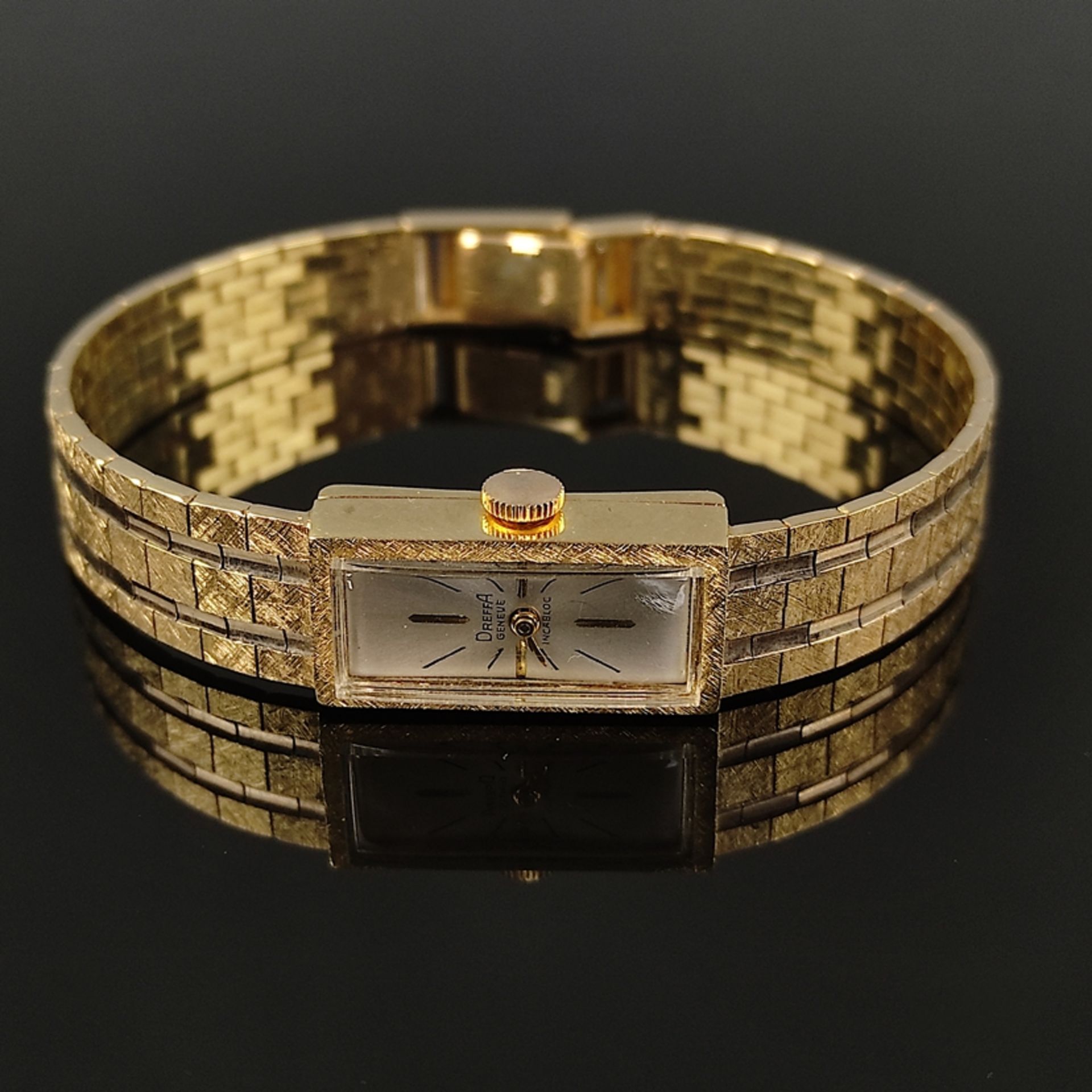 Armbanduhr, Dreffa, Geneve, 585/14K Gelb-/ Weißgold, Gesamtgewicht 31,6g, rechteckiges Gehäuse und 