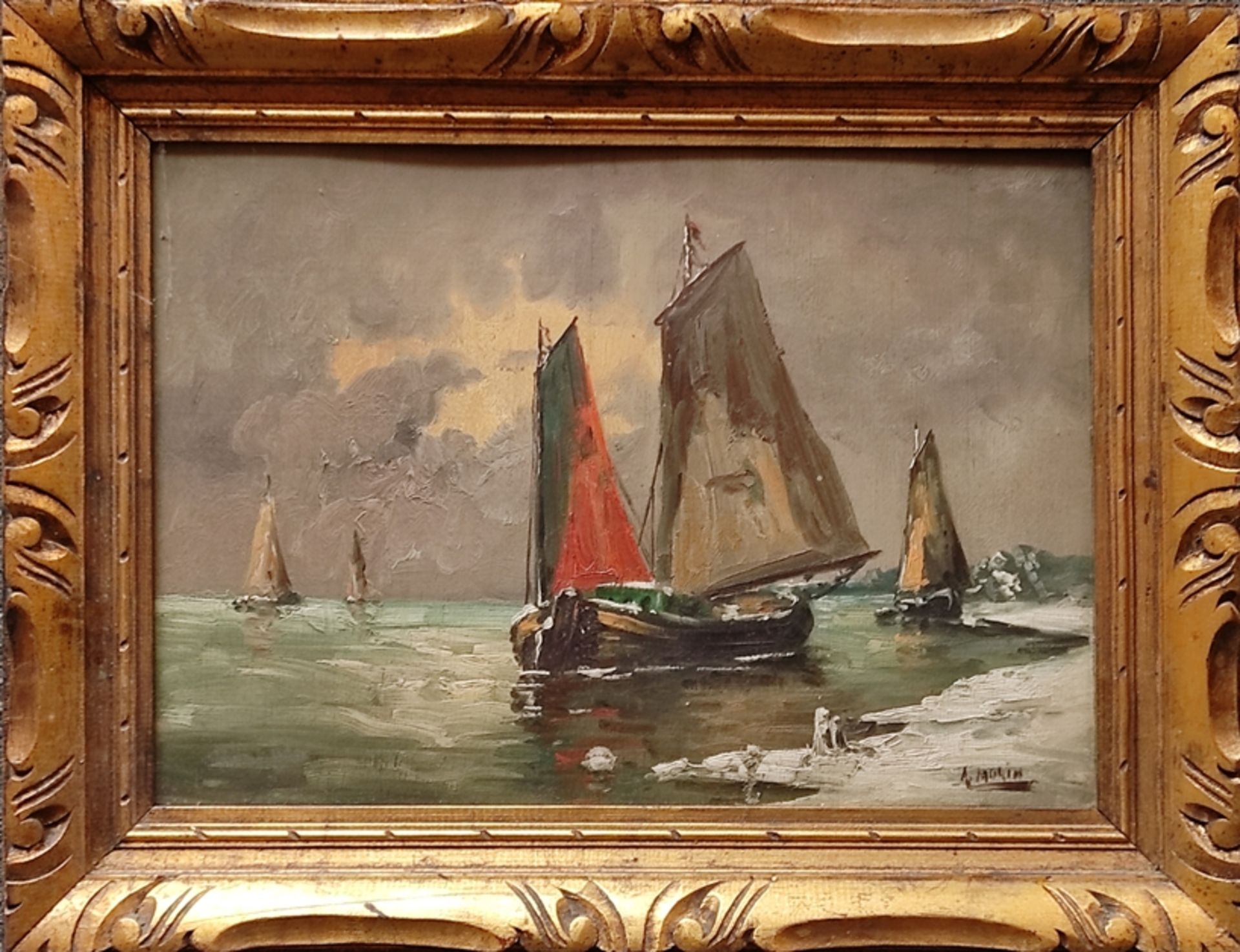 Morin, A. (19th century) "Sailing ships", near the snowy shore, oil on panel, signed lower right, 3 - Image 2 of 4