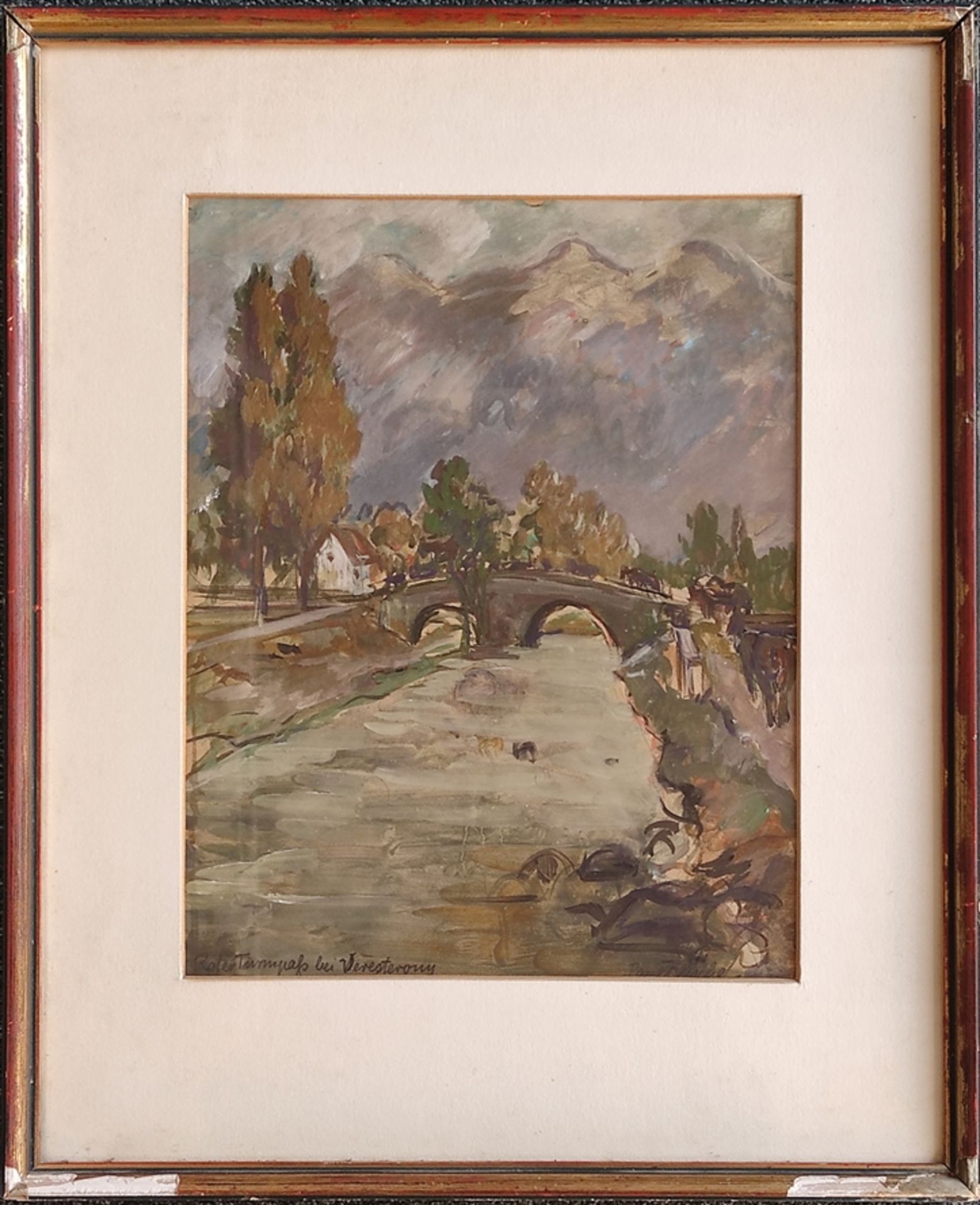 Kusche, Paul (1882-1952 Karlsruhe) "Bachlauf mit Steinbrücke", über die Pferdekutschen fahren, Berg - Bild 2 aus 4