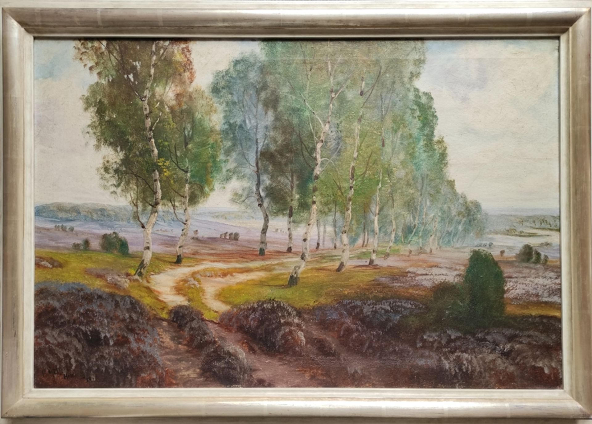 Landschaftsmaler (20.Jahrhundert) "Heidelandschaft", mit Feldweg und weitem Blick, Öl auf Leinwand, - Bild 2 aus 4