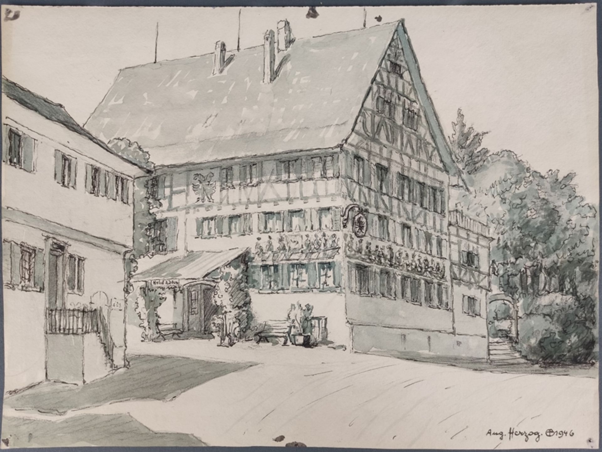 Herzog, August (1885 Fruthwilen -1959 Münsterlingen) "Hotel Adler in Ermatingen", Tuschezeichnung, 