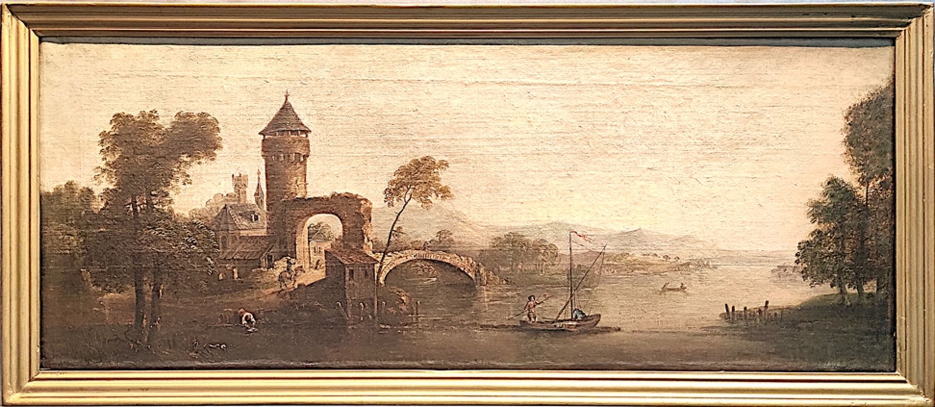 Landschaftsmaler (18. Jahrhundert) "Rheinlandschaft", mit romantisierter Burgruine am Rhein und Per - Bild 2 aus 3