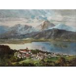 Lechner, A. (20. Jahrhundert) "Kloster Tegernsee" mit Bergpanorama, aus der Vogelperspektive, recht