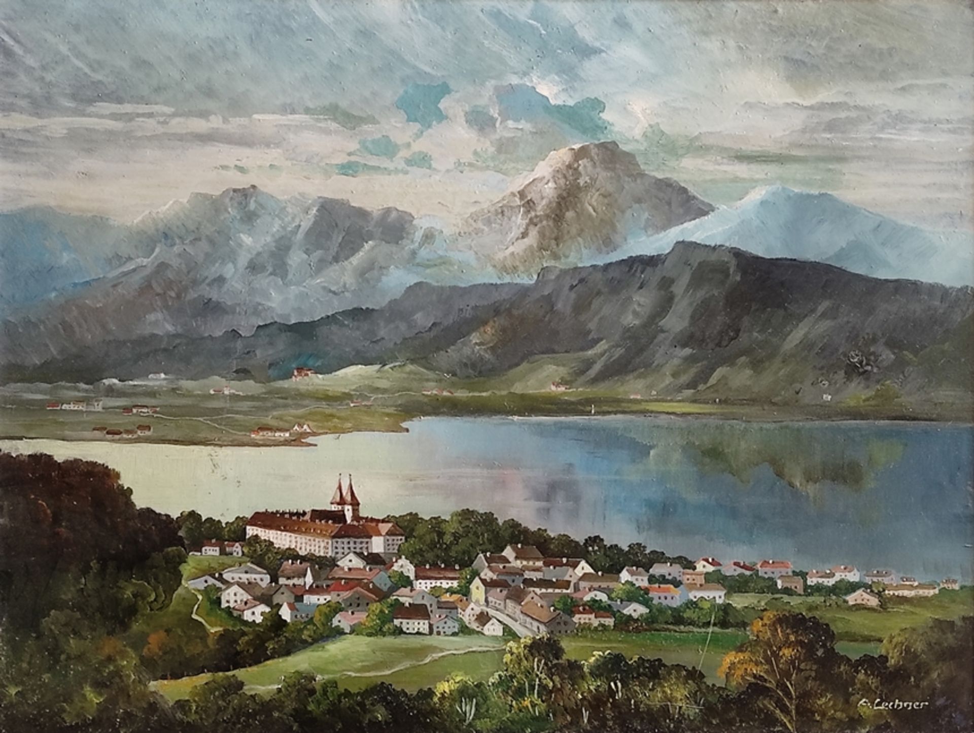 Lechner, A. (20. Jahrhundert) "Kloster Tegernsee" mit Bergpanorama, aus der Vogelperspektive, recht