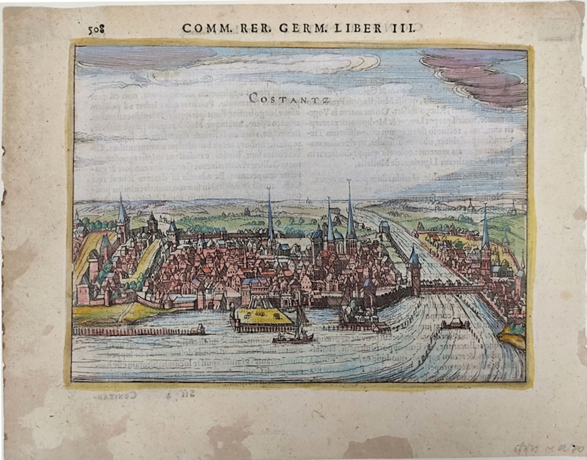 Konstanz, "Constantz", Ansicht aus der Vogelschau vom See aus, handkolorierter Kupferstich, Petrus 