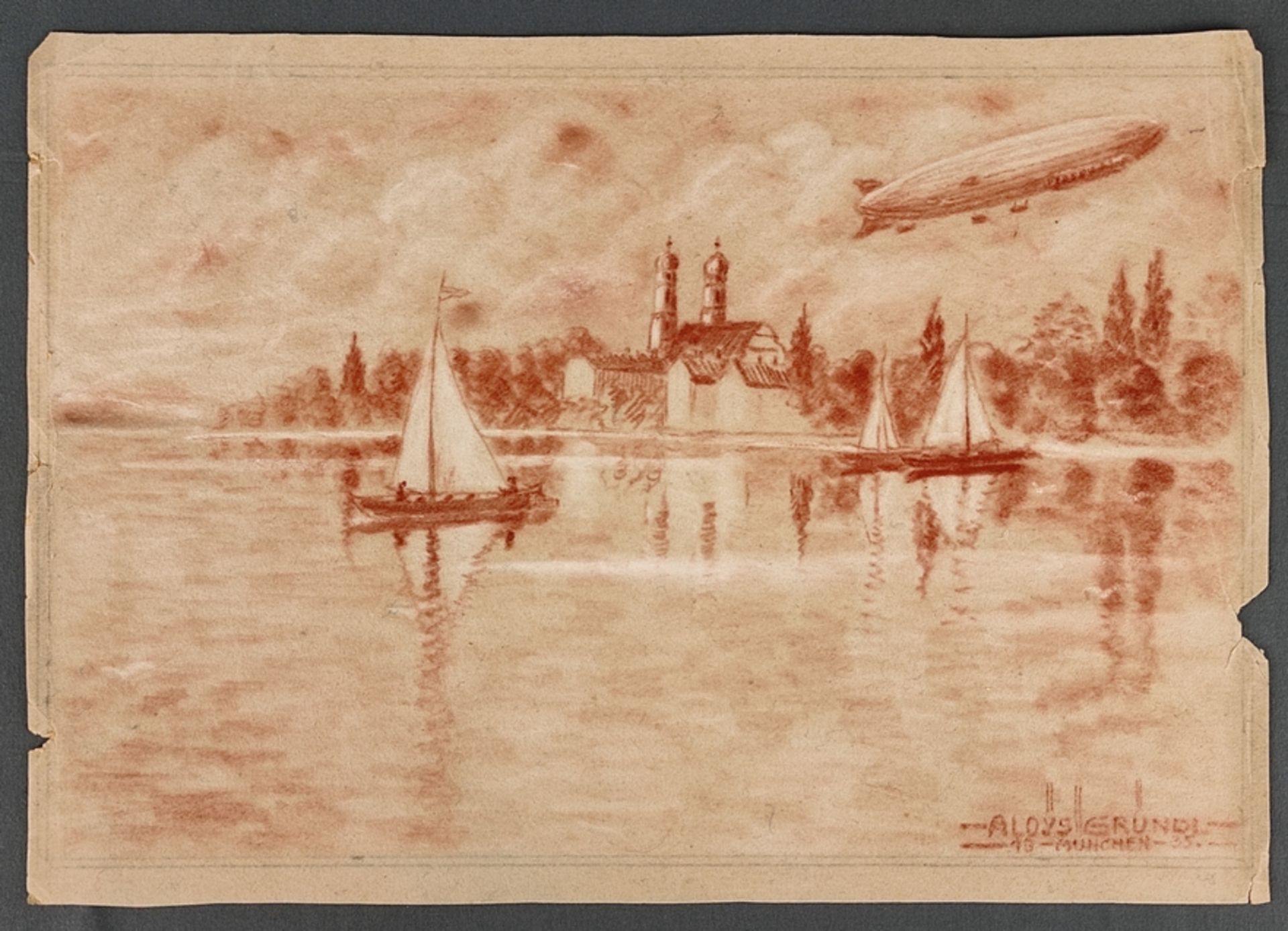 Gründl, Aloys (20. Jahrhundert, München) "Blick auf Friedrichshafen" mit Schlosskirche und Zeppelin