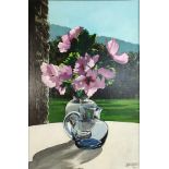 Vall Escriu, Jordi (1928 Katalonien) "Fleurs d´Altea et Vase Bleu", Strauß mit lila Hibiskusblüten