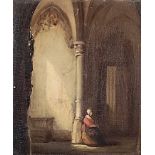 Miniaturmalerei (19. Jahrhundert) "Sitzende Frau" in Kirche, Öl auf Holz, links monogrammiert, im S