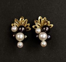 Design earclips, 585/14K yellow gold, 12g, set with gray and white pearls, curved elements, length 