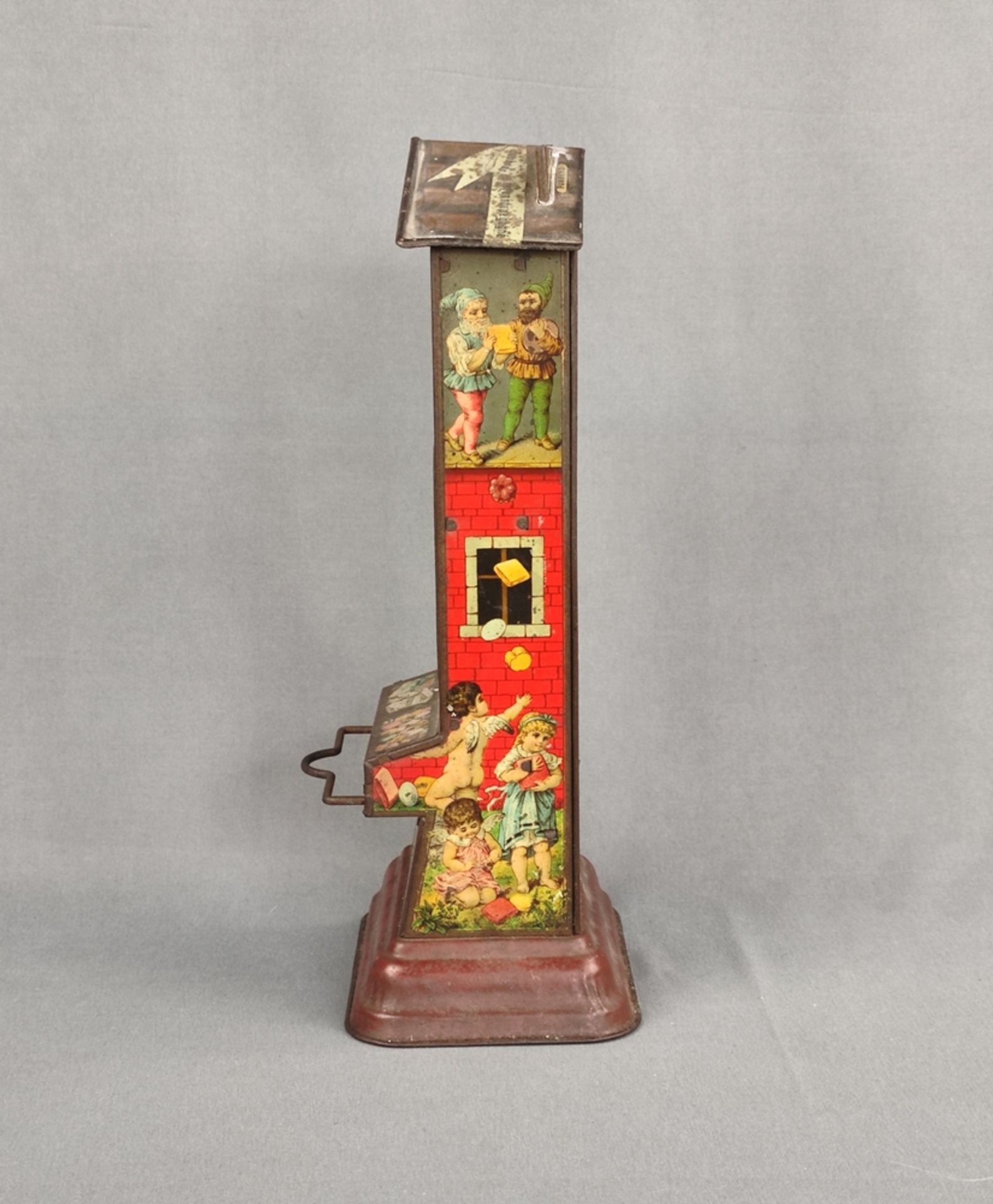 Schokoladenautomat, Blech, bunt lithographiert, zwei lagig, dekoriert mit Engeln und Zwergen, auf F - Bild 2 aus 5