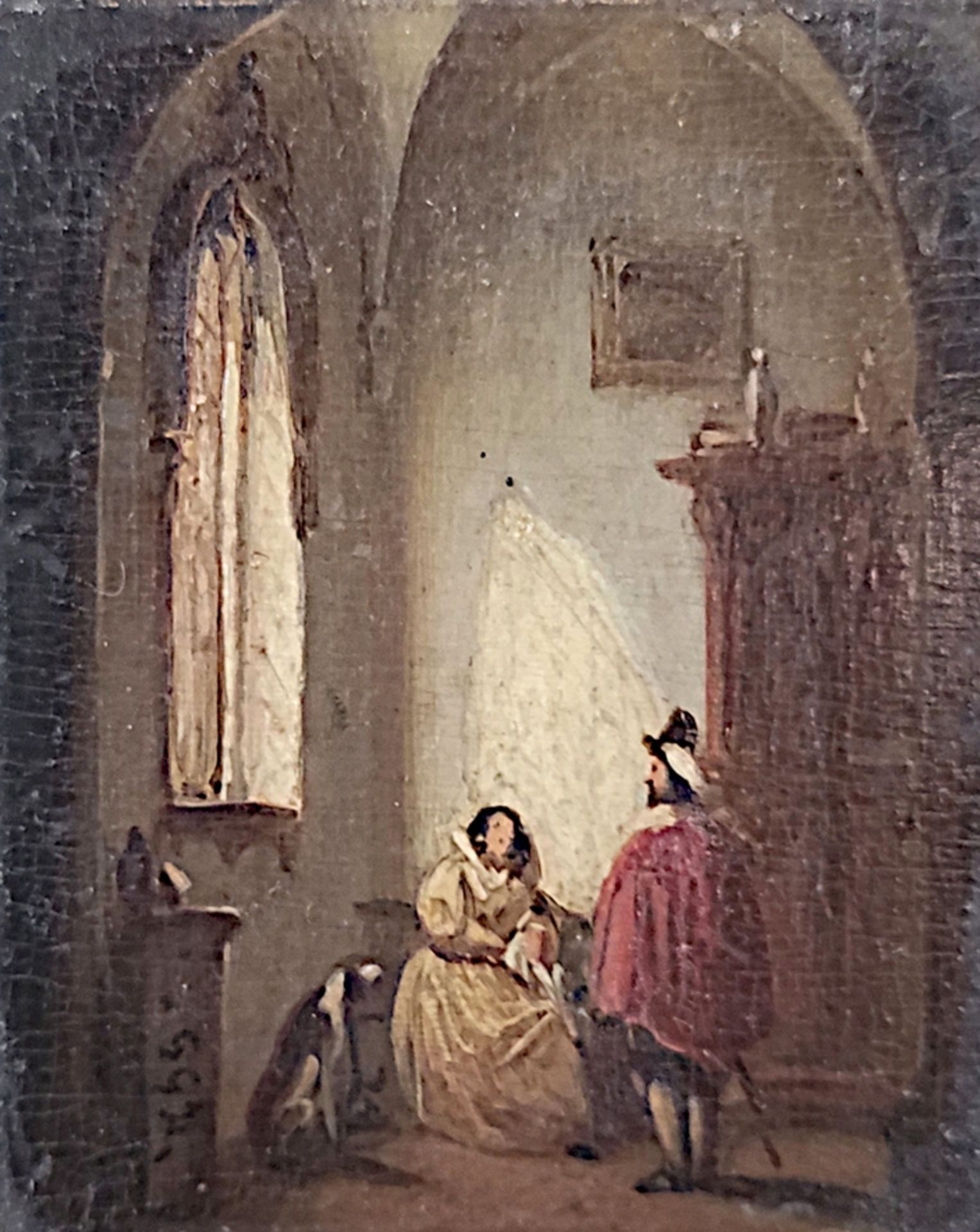 Miniature painting (19th century) "Domestic scene" with sitting dog, oil on wood, monogrammed on th