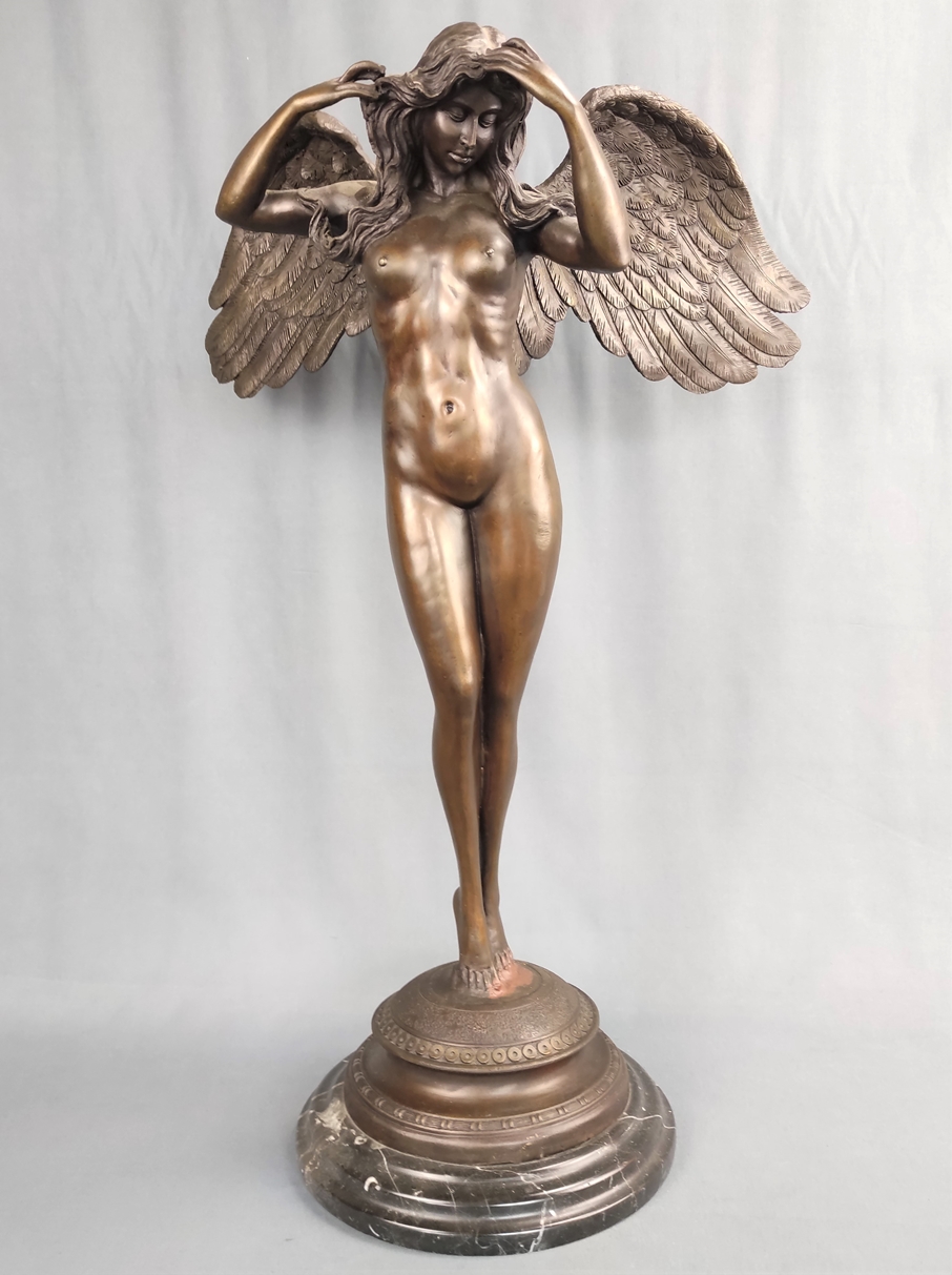 Bronze sculpture "Hymn to the night", female nude as an angel, mounted on stepped marble base, foun