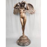 Bronzeskulptur "Hymne an die Nacht", weiblicher Akt als Engel, auf getrepptem Marmorsockel montiert